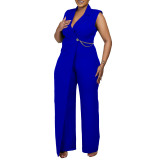 Plain Sleeveless Waist Chain Lapel African Wrapped Straight Leg Jumpsuit
