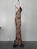 Sexy Halter Backless Leopard Print Lace V-Neck Long Dress