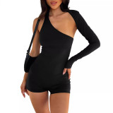 Solid Color Backless Halter Single Shoulder Sports Short Rompers