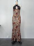 Sexy Halter Backless Leopard Print Lace V-Neck Long Dress