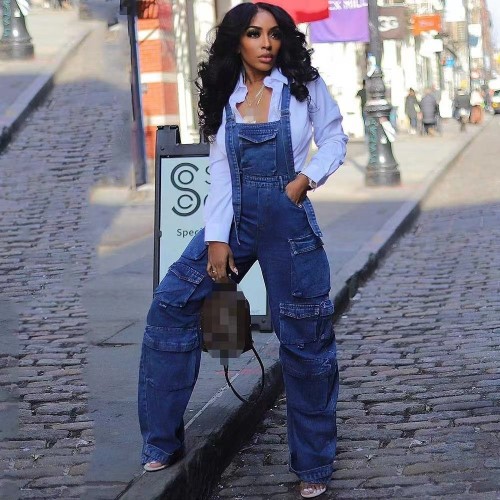 Casual Overalls Loose Straight Leg Multi-pocket Sling Denim Jumpsuit