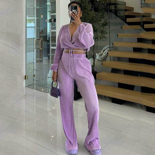 (Pre Order 27/7) Casual Lace-up Pleated Wide-leg Pants Set