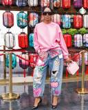 Fashion Hot Drilling Printed Ripped Jeans