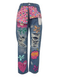Fashion Hot Drilling Printed Ripped Jeans