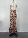 Sexy Halter Backless Leopard Print Lace V-Neck Long Dress