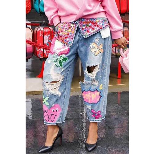 Fashion Hot Drilling Printed Ripped Jeans