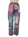 Fashion Hot Drilling Printed Ripped Jeans