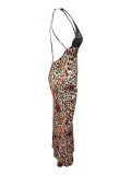 Sexy Halter Backless Leopard Print Lace V-Neck Long Dress