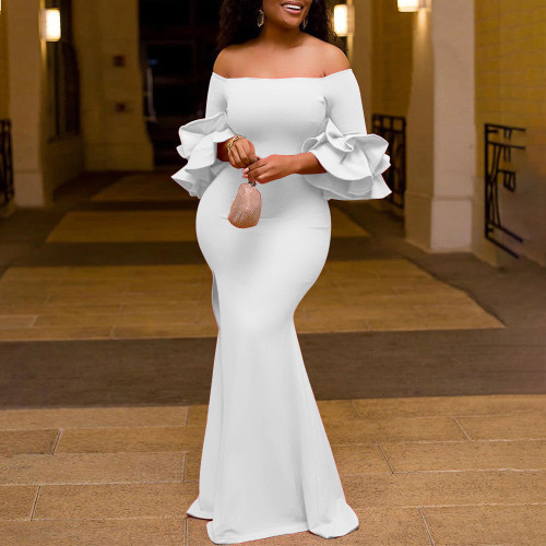Sexy Off Shoulder Dinner Party Bodycon Ruffles African Mermaid Maxi Dress