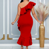 Skew Collar Ruffles Asymmetry Fishtail Evening Dress