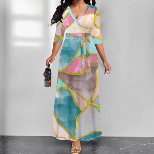 1 Piece Custom Casual Print V Neck Long Sleeve Maxi Dresses