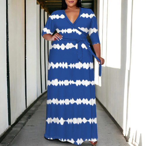 1 Piece Custom Plus Size Casual Print V Neck Long Sleeve Maxi Dresses