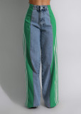 Stripe Splicing Jeans Denim High Waisted Button Straight Trousers