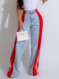 Stripe Splicing Jeans Denim High Waisted Button Straight Trousers