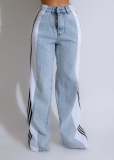 Stripe Splicing Jeans Denim High Waisted Button Straight Trousers
