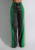 Stripe Splicing Jeans Denim High Waisted Button Straight Trousers