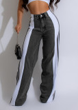 Stripe Splicing Jeans Denim High Waisted Button Straight Trousers