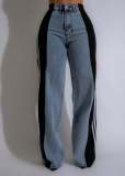 Stripe Splicing Jeans Denim High Waisted Button Straight Trousers