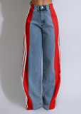 Stripe Splicing Jeans Denim High Waisted Button Straight Trousers