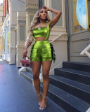 Sexy Metallic Wrap Tassel Overall Shorts Fashion Set
