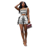 Sexy Metallic Wrap Tassel Overall Shorts Fashion Set