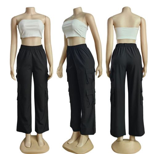 Solid Pocket Loose High Waist Straight Patchwork Bottoms