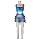Sexy Metallic Wrap Tassel Overall Shorts Fashion Set