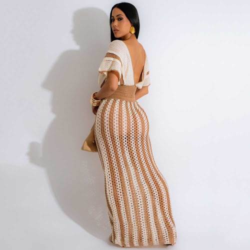 Sexy V-neck Hollow Striped Knitted Ladies Long Skirt Set