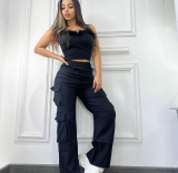 Solid Pocket Loose High Waist Straight Patchwork Bottoms