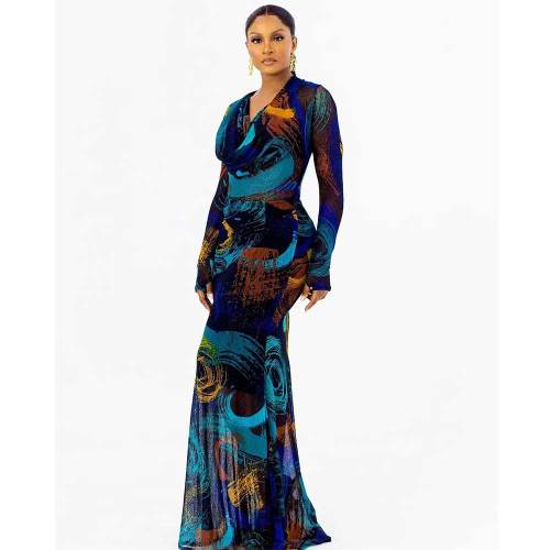 Casual Printed V Neck Long Sleeve Azariah Dress