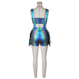 Sexy Metallic Wrap Tassel Overall Shorts Fashion Set