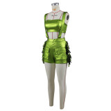Sexy Metallic Wrap Tassel Overall Shorts Fashion Set