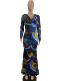 Casual Printed V Neck Long Sleeve Azariah Dress