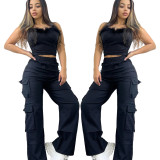 Solid Pocket Loose High Waist Straight Patchwork Bottoms