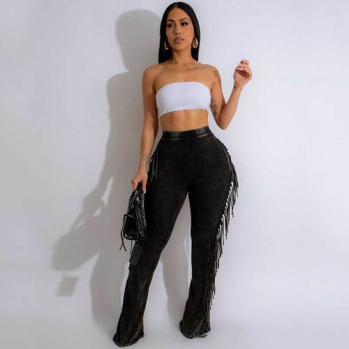 Elastic Washed Cotton Distressed Fringed Tight Flared Trousers