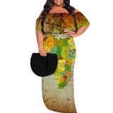 1 Piece Custom African Map Print Off Shoulder Long Plus Size Dress