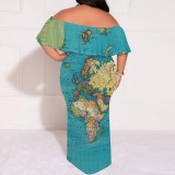 1 Piece Custom African Map Print Off Shoulder Long Plus Size Dress