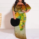 1 Piece Custom African Map Print Off Shoulder Long Plus Size Dress