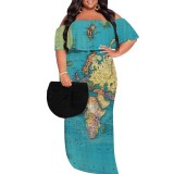 1 Piece Custom African Map Print Off Shoulder Long Plus Size Dress