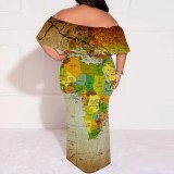 1 Piece Custom African Map Print Off Shoulder Long Plus Size Dress