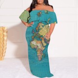 1 Piece Custom African Map Print Off Shoulder Long Plus Size Dress