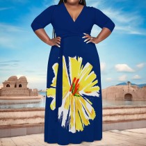 Casual Print Belted V Neck Long Plus Size Dresses
