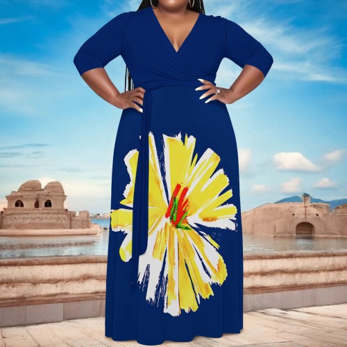 Casual Print Belted V Neck Long Plus Size Dresses