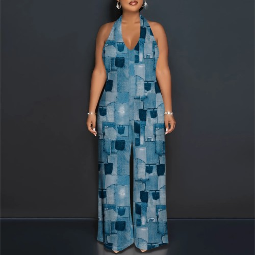 Sexy Print Halter Backless One-Piece Jumpsuits