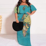 1 Piece Custom African Map Print Off Shoulder Long Plus Size Dress