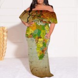 1 Piece Custom African Map Print Off Shoulder Long Plus Size Dress