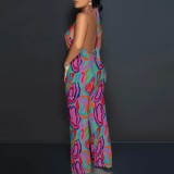 Sexy Print Halter Backless One-Piece Jumpsuits