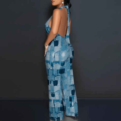 Sexy Print Halter Backless One-Piece Jumpsuits