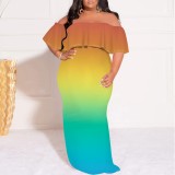 Casual Print Gradient Color Off Shoulder Plus Size Long Dresses
