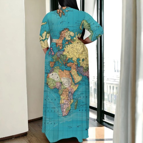 Casual Africa Map Print V Neck Long Plus Size Dresses